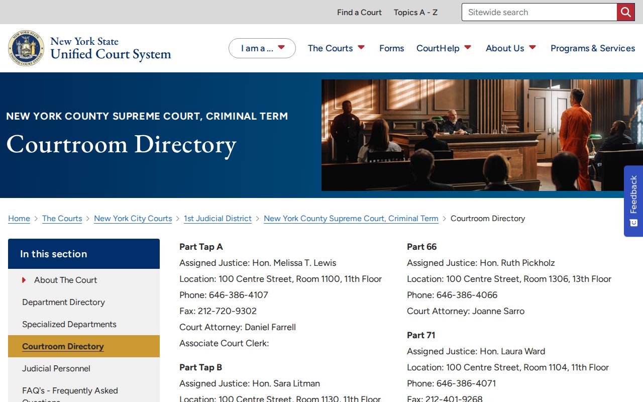 New York County criminal court case Supreme Court room directory