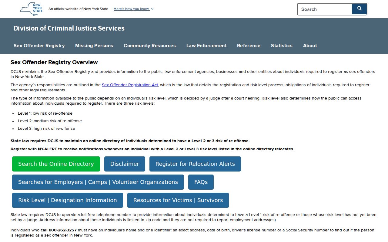 New York County sex offender search DCJS registry overview