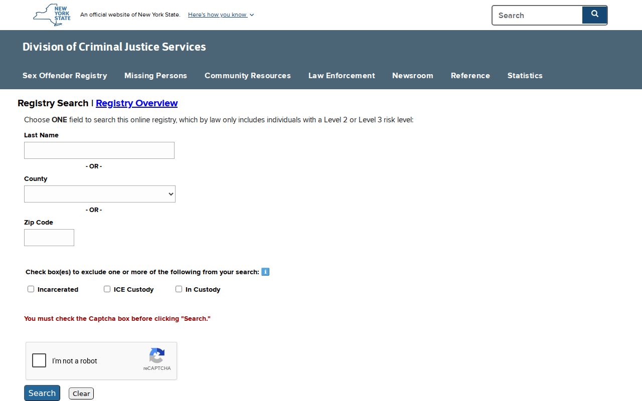 New York County sex offender directory search controls
