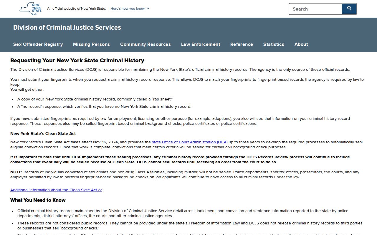 New York County criminal history DCJS Personal Record Review page